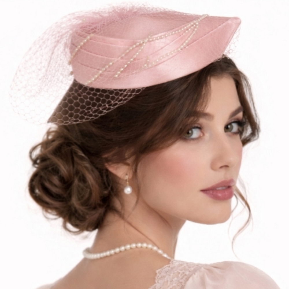 Vintage Lux 1950's Formal Pillbox Satin Hat Pearl Detail - Picture 6 of 9